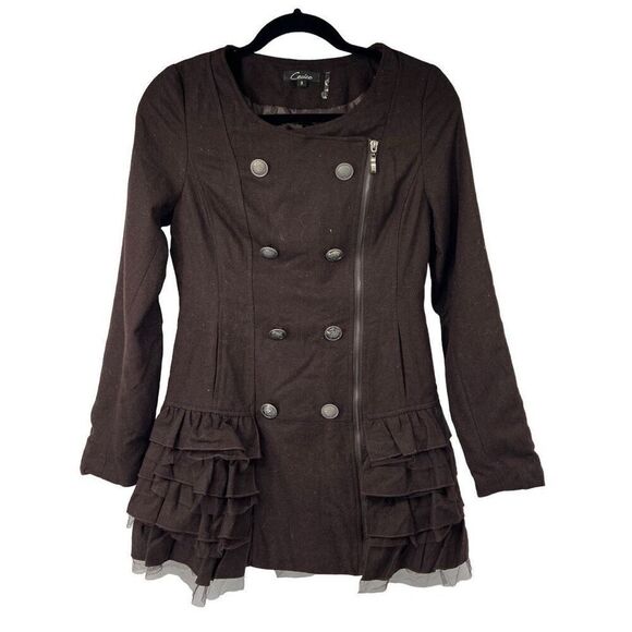 Cecico Brown Wool Blend Ruffle Hem Zip Up Button Closure Sz S Women’s - Picture 1 of 10